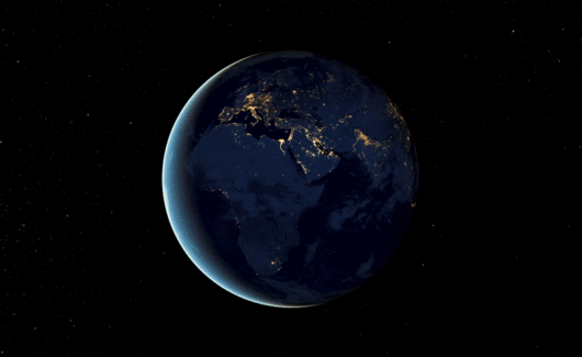 Dünya'nın dönüşünü gösteren gif animasyonu, sağ üst köşede "uzay gizemleri" yazan küçük bir grafik var Eğer Dünya aniden dönmeyi bırakırsa bu bir felaket olurdu.
